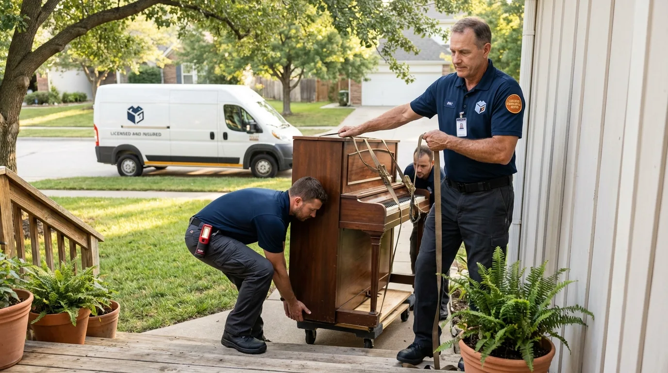Licensed piano movers securing grand piano in Harrogate, TN