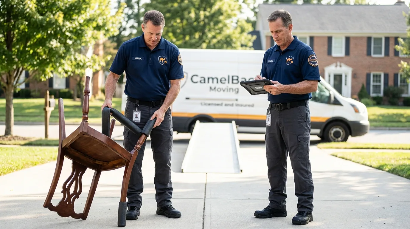 Movers inspecting furniture for damage prevention before loading in Harrogate, TN