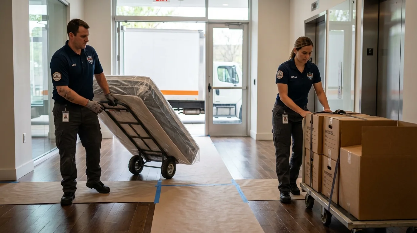 Professional apartment movers loading elevator in Harrogate, TN